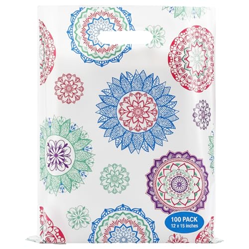 Rainbows & Lilies Mandala Plastic Bags with Handles, White, 100pk, 12x15 in - color: White Mandala Design
