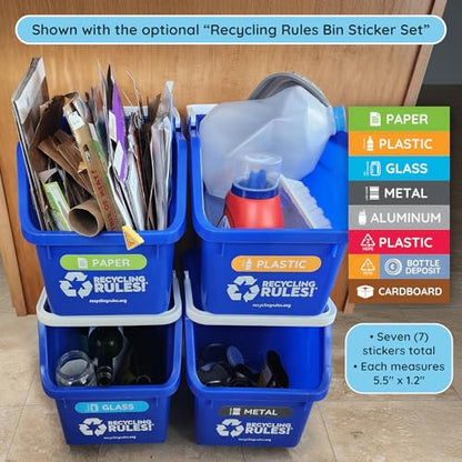 Recycling Rules! 6 Gallon Stackable Recycling Bin Container in Blue, Eco-Friendly Handy Recycle Bin with Easy-to-Carry Handle, 4-Pack - size: 4-pack