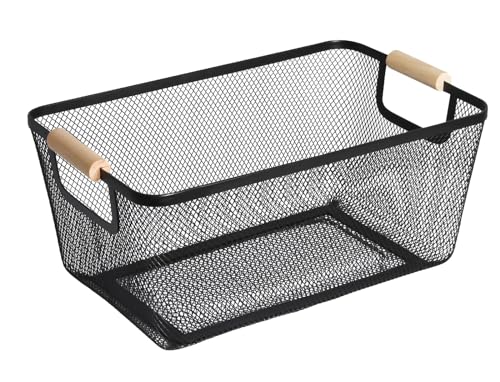 AJIODA Metal Mesh Steel Basket, Large Wire Storage Organizer Basket Multi-function Hanging Kitchen Baskets with Wood Handle for Kitchen Bathroom Picnic Home, Rectangle-Black - color: Black, size: 1Pack-Large