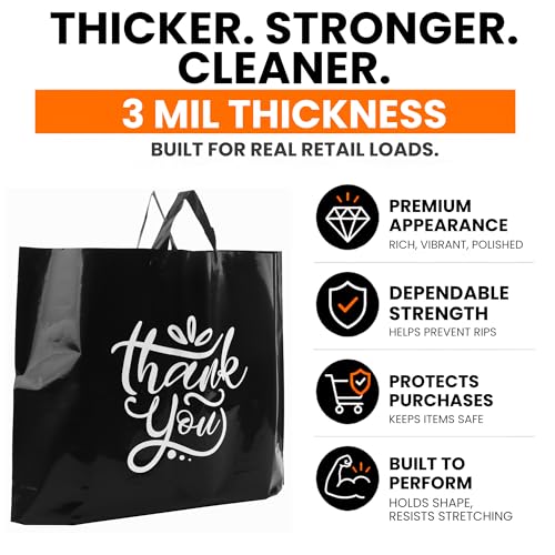 19x15 Large Thank You Bags for Small Business - Shopping Bags with Handles - color: Black