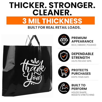 19x15 Large Thank You Bags for Small Business - Shopping Bags with Handles - color: Black