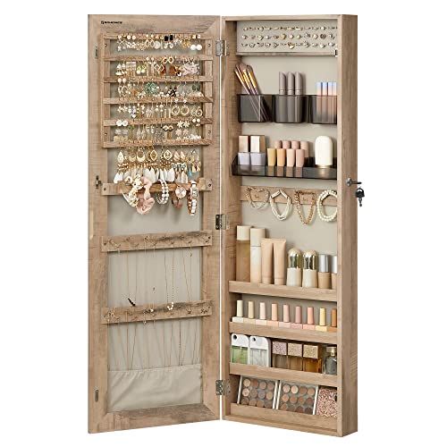 SONGMICS Mirror Jewelry Cabinet Armoire, Wall or Door Mounted, Lockable - color: Toasted Oak, style: 42.5-Inch Basic