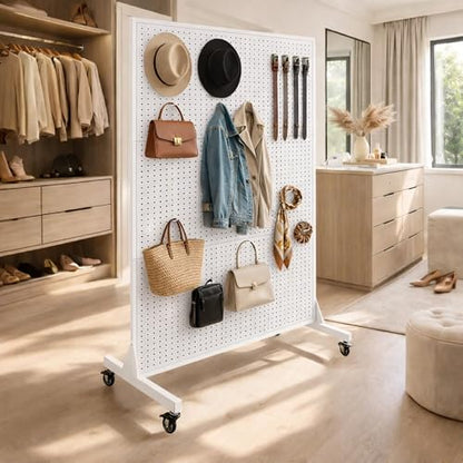 Royxen 70 x 44 Inch Metal Pegboard with 40 Hooks, Large Standing Pegboard Display with T-Base, Peg Board Display Stand with Wheels, Art Display Stand for Retail Stores Exhibitions Homes (White) - color: White