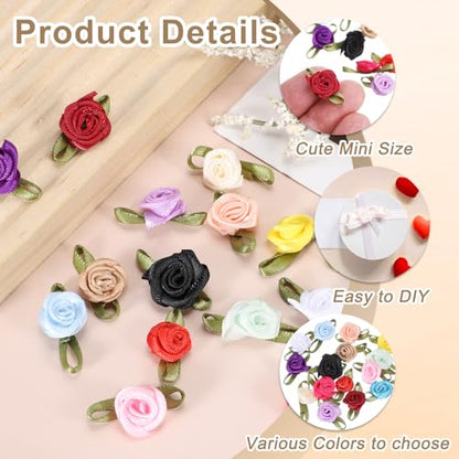 MECCANIXITY 100pcs Pink Ribbon Roses 5/8"x1-3/16" Mini Roses for Crafts Little Satin Bows Roses Artificial Flowers - color: Pink