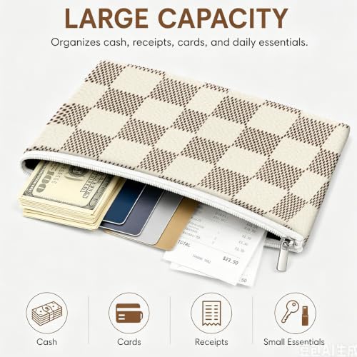 Money Bag with Zipper, Cute PU Leather Cash Bags, Portable Bank Bag Money Pouch for Cash, Coins, Checks, Receipts, Invoices Cosmetics Tools, Deposit Bag for Office Travel, Brown Checker - color: Brown Checker