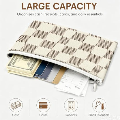 Money Bag with Zipper, Cute PU Leather Cash Bags, Portable Bank Bag Money Pouch for Cash, Coins, Checks, Receipts, Invoices Cosmetics Tools, Deposit Bag for Office Travel, Brown Checker - color: Brown Checker