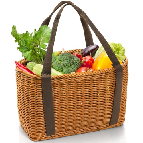 Plastic Wicker Shopping Basket with Handle, 12" x 8.5" x 6" Hand-Woven Picnic Basket, Open Top Market Harvest Basket for Food Storage, Kitchen Organization, Home Decor, Camping, Easter Eggs