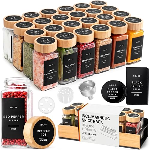 EDELHAUS Magnetic Spice Rack for Fridge with 24 Bamboo Lid Jars