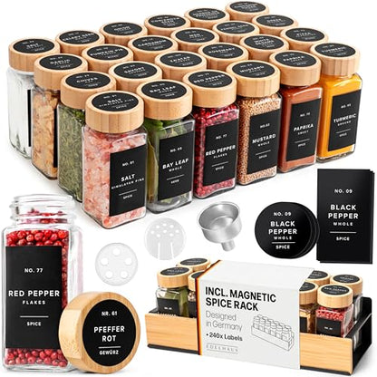 EDELHAUS Magnetic Spice Rack for Fridge with 24 Bamboo Lid Jars