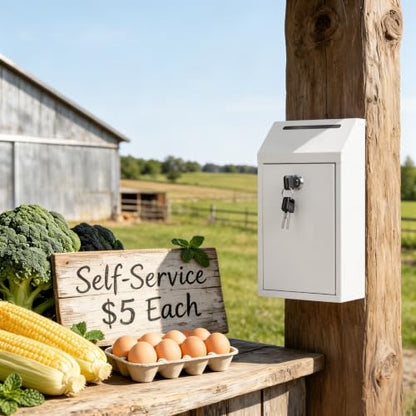 Sumerfnt Locking Cash Box with Slot, Metal Money Donation Box with Lock and 4 Keys Wall Mount, Cash Drop for Farm Stand, Self-Serve Stand, Tips, Fundraising, White - color: White
