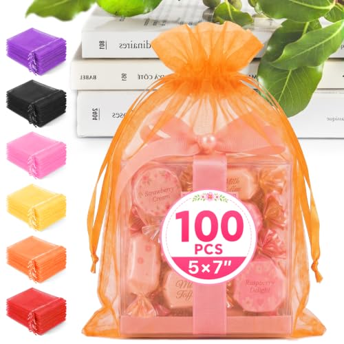 ANZNKU 100PCS Organza Bags 5x7 Orange Small Gift Mesh Drawstring Goodie Bag - color: Orange