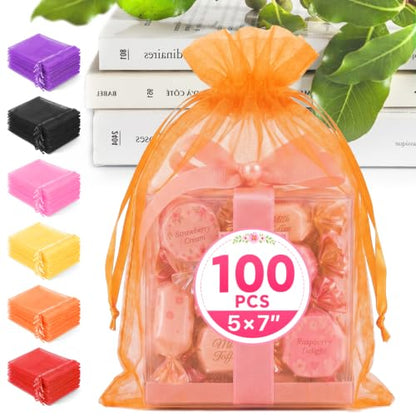 ANZNKU 100PCS Organza Bags 5x7 Orange Small Gift Mesh Drawstring Goodie Bag - color: Orange
