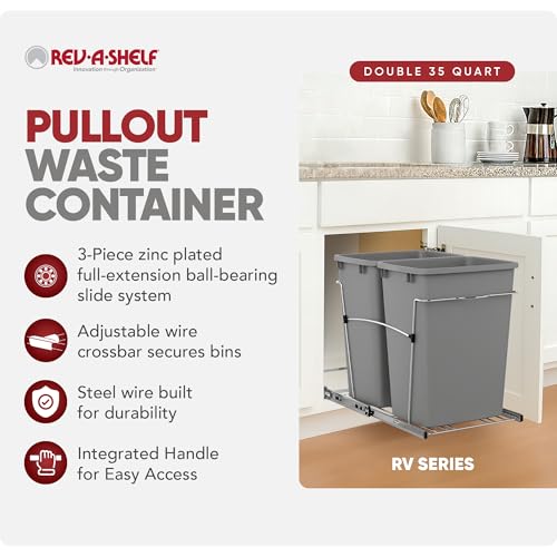 Rev-A-Shelf Double Pullout Garbage Trash Cans for Kitchen Cabinets, 35 Qt - color: Metallic Silver
