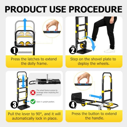 3 in 1 Folding Hand Truck, 600lbs Capacity Dolly Cart Industrial Convertible Heavy Duty with Retractable Handle and 4 Rubber Wheels, Collapsible Cart for Moving Home, Office, Warehouse - color: Black-600
