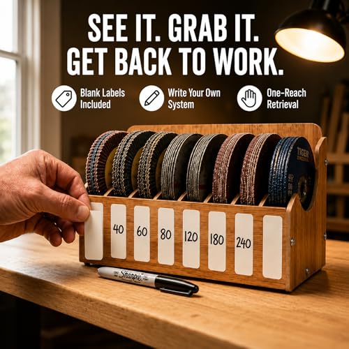 5" Sandpaper Organizer Sanding Disc Storage Holder for 5 Inch, 8-Slot Sanding Disc Storage Rack with Labels, Wall Mount or Benchtop for Grinding Discs, Flap Discs, Wheels, Excluding Sandpaper - style: 1 Pack