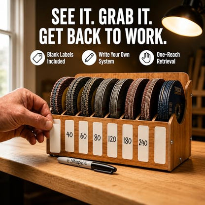 5" Sandpaper Organizer Sanding Disc Storage Holder for 5 Inch, 8-Slot Sanding Disc Storage Rack with Labels, Wall Mount or Benchtop for Grinding Discs, Flap Discs, Wheels, Excluding Sandpaper - style: 1 Pack
