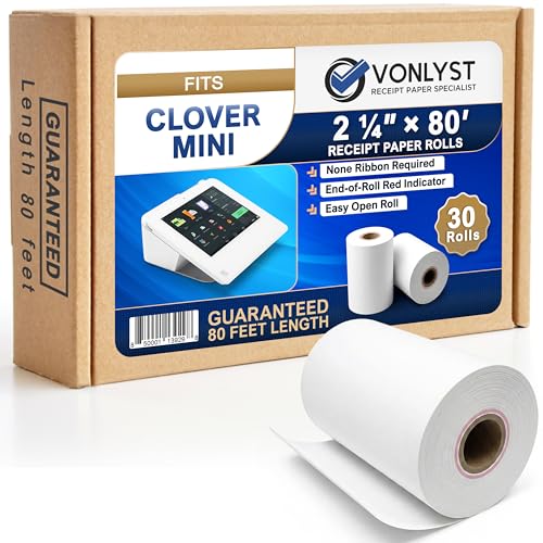 Thermal Receipt Paper Rolls for Clover Mini & Clover Mobile – 2 1/4” x 80’ BPA Free Credit Card Machine Paper Compatible with C200 C300 C301 C302 C302U C305 – POS Printer Paper, 30 Rolls - size: 30 rolls
