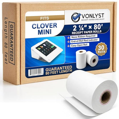 Thermal Receipt Paper Rolls for Clover Mini & Clover Mobile – 2 1/4” x 80’ BPA Free Credit Card Machine Paper Compatible with C200 C300 C301 C302 C302U C305 – POS Printer Paper, 30 Rolls - size: 30 rolls