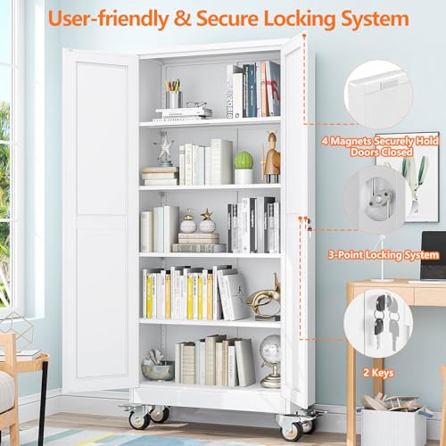 pozdeg 71" White Lockable Rolling Metal Garage Storage Cabinet - color: White, size: 14.96"D x 29.92"W x 71"H