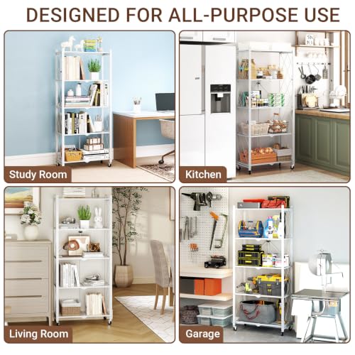 black leopard 5-Tier Foldable Metal Storage Shelf with Wheels, White - color: White, size: 5-Tier