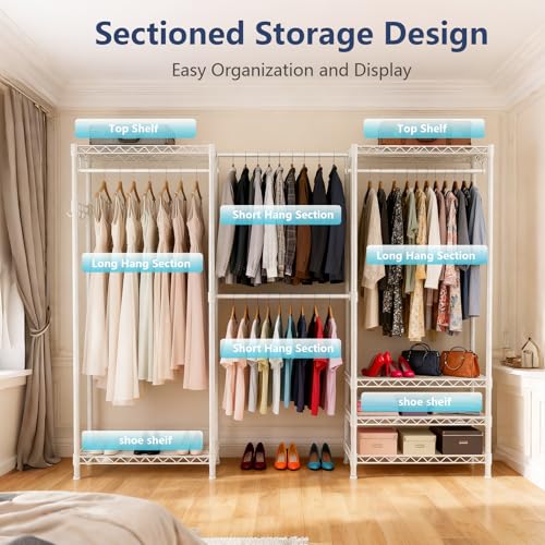 Heavy Duty Clothing Rack with Adjustable Shelves Clothes Wardrobe - color: White