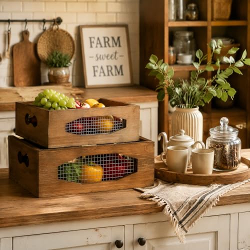 Okllen Set of 2 Wooden Nesting Countertop Baskets, Decorative Wood Storage Box Farmhouse Rustic Crate with Cutout Handles for Bread, Fruit, Vegetables, Kitchen, Bathroom, Pantry Supplies, Brown