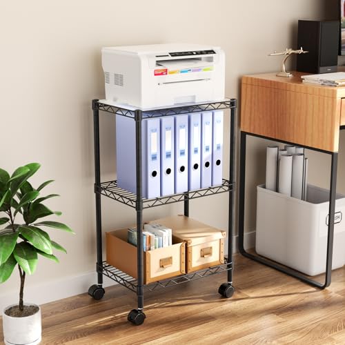 Golpart Small Shelves Storage Wire Metal Adjustable Shelf Unit with Wheels - color: Black, size: 3-Tier(11.7 "D X 17.7"W X 30.7"H)