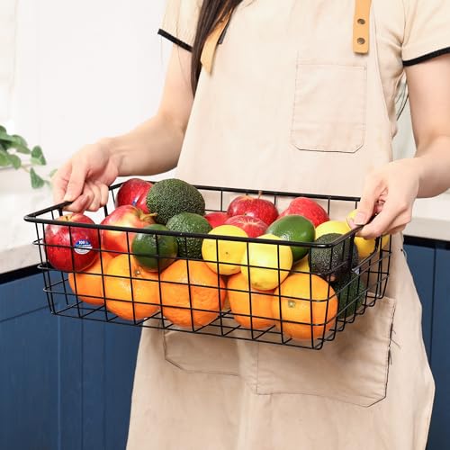 3 Pack Extra Large Wire Basket with Metal Handles, Metal Basket for organizers and storage, Wire Storage Baskets for Pantry, Cabinet, Fridge, Kitchen, Wardrobe, Garage, Bathroom, Black - size: 3PC Extra Large Basket Black