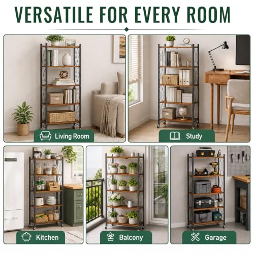 black leopard 5-Tier Foldable Shelf with Wheels, Wood-Grain Steel Shelves