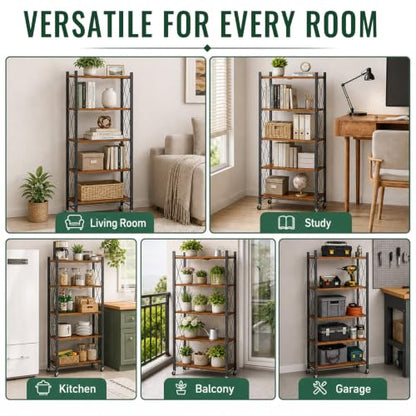 black leopard 5-Tier Foldable Shelf with Wheels, Wood-Grain Steel Shelves