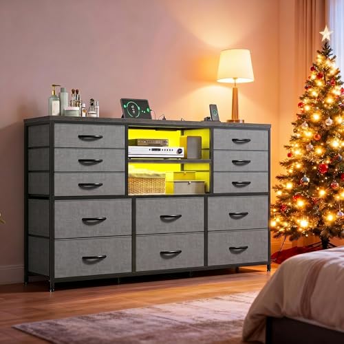 EnHomee Dresser for Bedroom with LED Lights & Charging Station - color: Grey