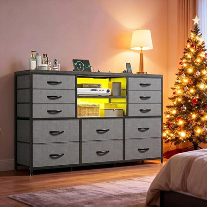 EnHomee Dresser for Bedroom with LED Lights & Charging Station - color: Grey