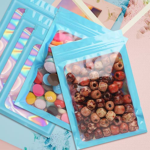 Funfery 100pcs Blue Mylar Holographic Bags-Resealable Zipper&Clear Window - color: Blue, size: 4.3 x 7.5 Inch