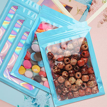 Funfery 100pcs Blue Mylar Holographic Bags-Resealable Zipper&Clear Window - color: Blue, size: 3.5 x 6.3 Inch