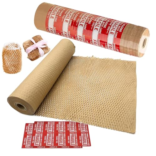 Honeycomb Packing Paper 12" W x 330' L Packing Paper for Moving Products & Gifts Honeycomb Wrapping Paper Recyclable and Biodegradable Cushioning Packing Material with 20 Fragile Stickers - size: 12'' W x 330' L