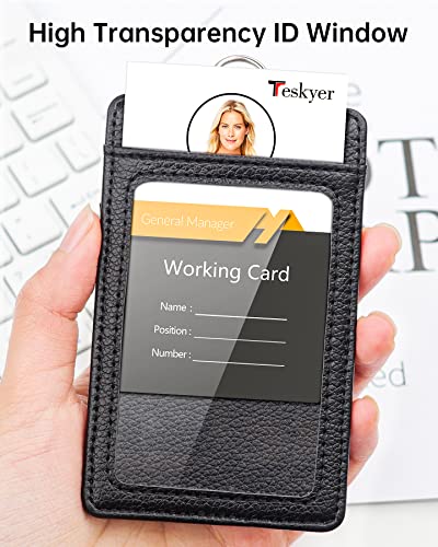 Teskyer Leather ID Badge Holder with Lanyard, Vertical Lychee Black - color: Lichee Black, size: Vertical