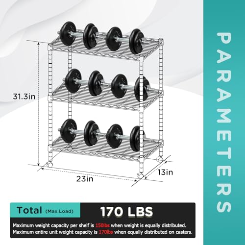 FDW | 3-Tier Wire Shelf with Wheels | 23" x 13" x 31" | Black - color: Black, size: 3-Shelf With Wheels
