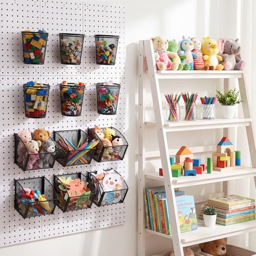 6 Set Pegboard Accessories Wall Organizer Peg Board Baskets and Cups Black Metal Pegboard Baskets and Wire Mesh Cup with Ring Hook Assortment Bin Holder for Organizing Storage Office Garage