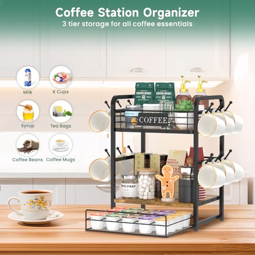 EsLuker.ly Coffee Bar Organizer Station Shelf Mug Holder, with 12 Hooks - color: Wood Brown+Black