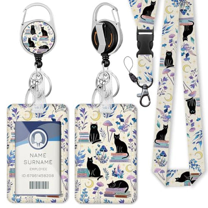 Gctriki Cat Book Lanyards for ID Badges, Badge Holder Retractable Clip - color: Black Cat Books