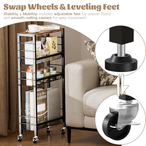 Narrow Storage Cart with Wheels,4-Tier Narrow Kitchen Carts Slim Rolling Cart,Skinny Storage Cart for Small Spaces,Rolling Utility Cart for Livingroom,Diningroom,Office,Laundry Room,Bathroom - size: 6.0"D x 15.4"W x 31.5"H