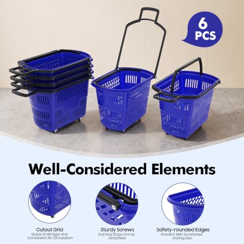 6PCS Rolling Shopping Carts with Wheels and Handles, 35L Portable Plastic Shopping Basket Set Grocery Cart for Supermarket, Retail Store, Bookstore, Laundry, Garage (Blue)