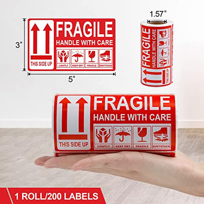3"x 5" Fragile Stickers 200 Packing Labels Handle with Care This Side Up Strong Adhesive for Box Shipping and Moving - size: 3 x 5 inch | 200 Labels LARGE