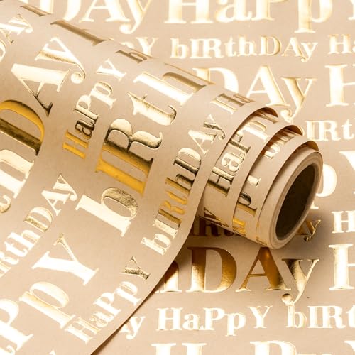 WRAPAHOLIC 30 Inch 3D Kraft Birthday Wrapping Paper Roll - 30 Inch x 16.5 Feet - Gold and Brown Happy Birthday Wrapping Paper with Embossed Perfect for Holiday, Party Celebration - color: Brown & Gold Happy Birthday, size: 30 inch x 16.5 feet