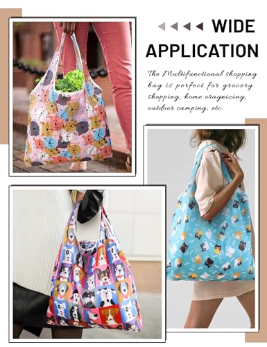 4 Pcs Reusable Grocery Bags, Foldable Shopping Bags Heavy Duty, Large Nano Bag Cute Tote Bag for Daily Shopping, Waterproof and Machine Washable (Animals)