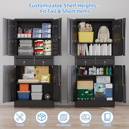 71-Inch Garage Storage Cabinet with 2 Drawers, Wheels and Pegboard - color: Black, size: 16"D x 30"W x 71"H