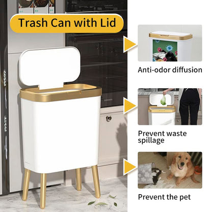 Procade 4 Gallon Bathroom Trash Can with Lid,Slim White and Gold Trash Bin - color: White