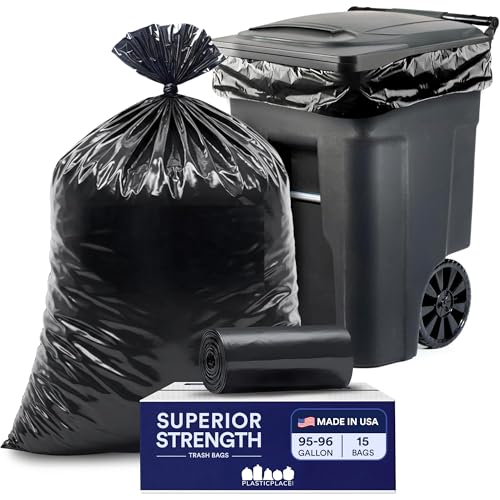 Plasticplace 95-96 Gallon Heavy Duty Black Trash Bags - Contractor Grade, Extra Large Garbage Bags for Construction & Outdoor Trash Cans, 1.2 Mil Thick, 61” x 68” (15 Count Roll) - size: 15 Count (Pack of 1)