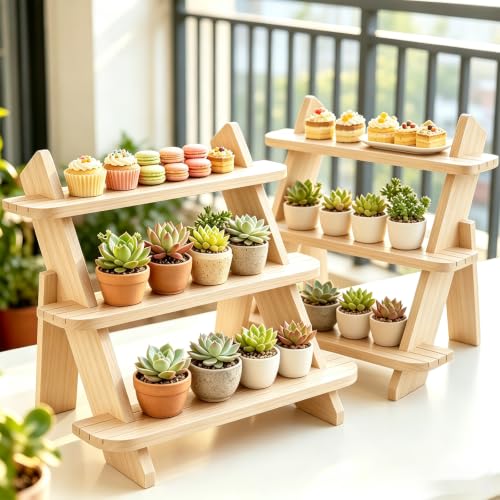 Wooden Display Stand, Tiered Cupcake Stand, 3 Tier Display Stand Riser - color: 2Pcs-Natural-3Tier