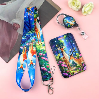 Cute Deer Teacher Lanyards for ID Badges, Fancy Pattern Badge Holder with Neck Lanyard & Heavy Duty Retractable Reel Clip, Forest Animal Keychain Lanyard for Kids, Girl, Women - color: Deer